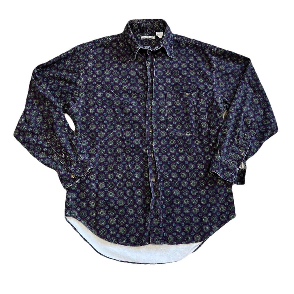Vintage 90s Bugle Boy Shirt Heavy Corduroy Geometric Print Flaw